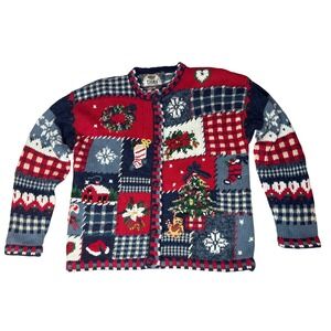 Vntg 2000 Tiara International Womens NWT Sweater Patchwork Holiday Button Up M